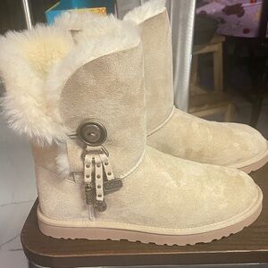 UGG Azalea Charms Boot Beige Sand Suede Boots with Fur Trim Size 8